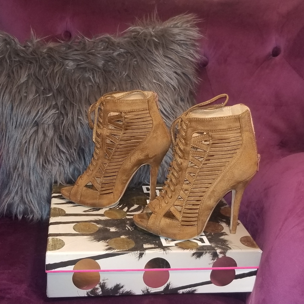Brown Suede Peep Toe Heels